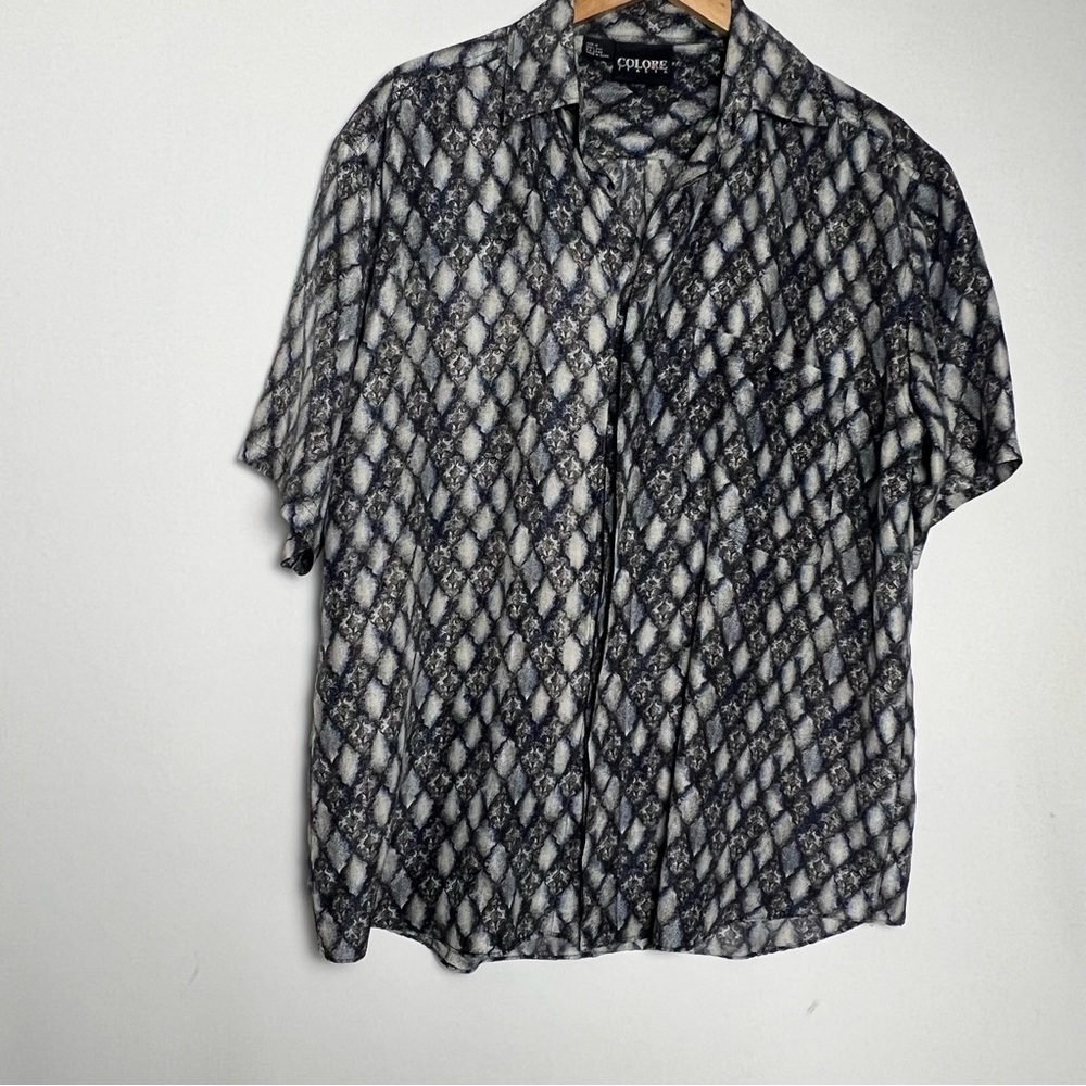 Vintage COLORE ITALIA 100% Silk Geometric Diamond Print Shirt - Mens medium